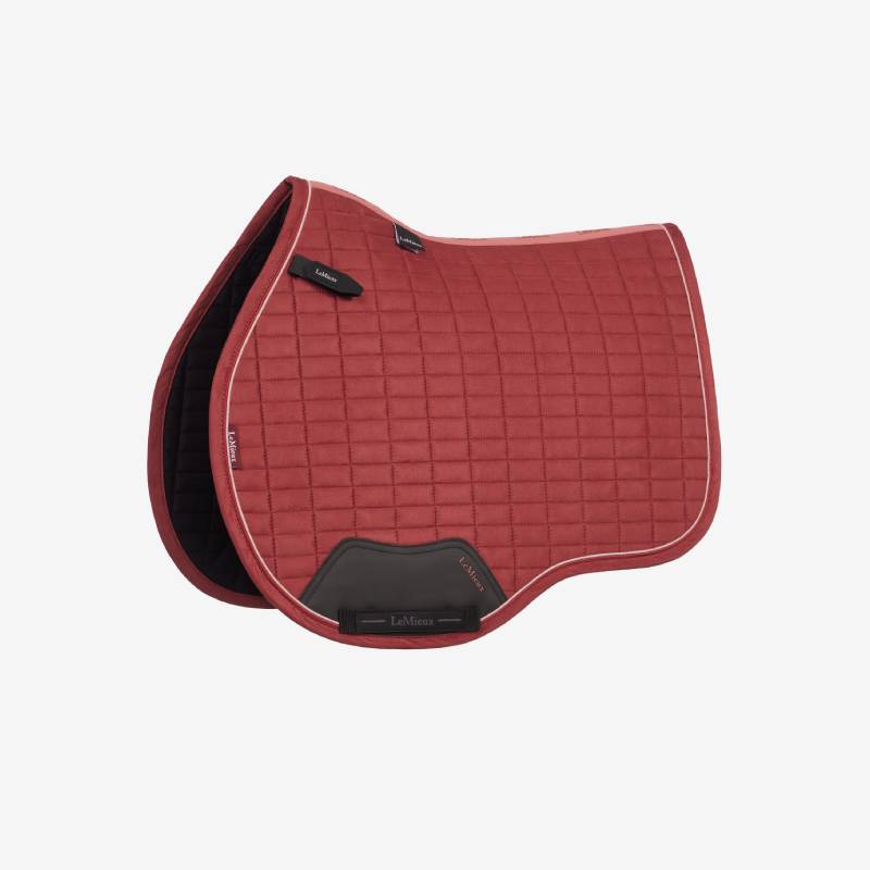 LeMieux Suede GP Square Russet pad with black lining and patch, shown on white background.