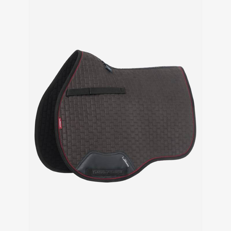 LeMieux Suede GP Square Cinder pad with red trim and black corner on white background.