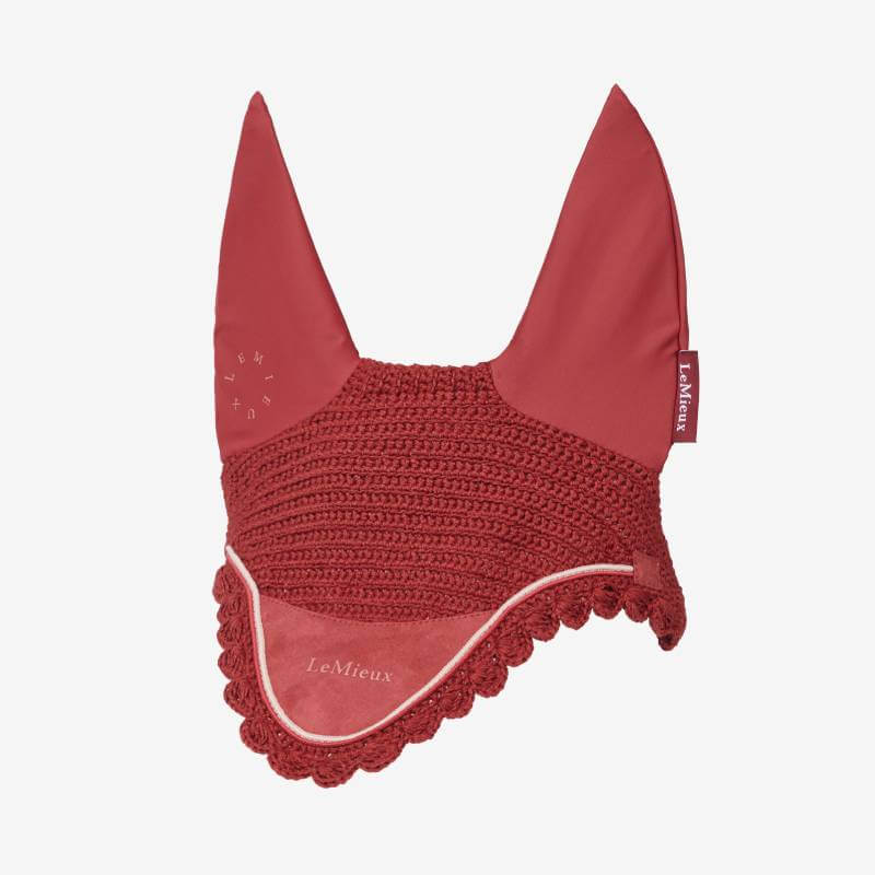 LeMieux Classic Fly Hood Russet offers stylish crochet horse ear protection with fabric ears.