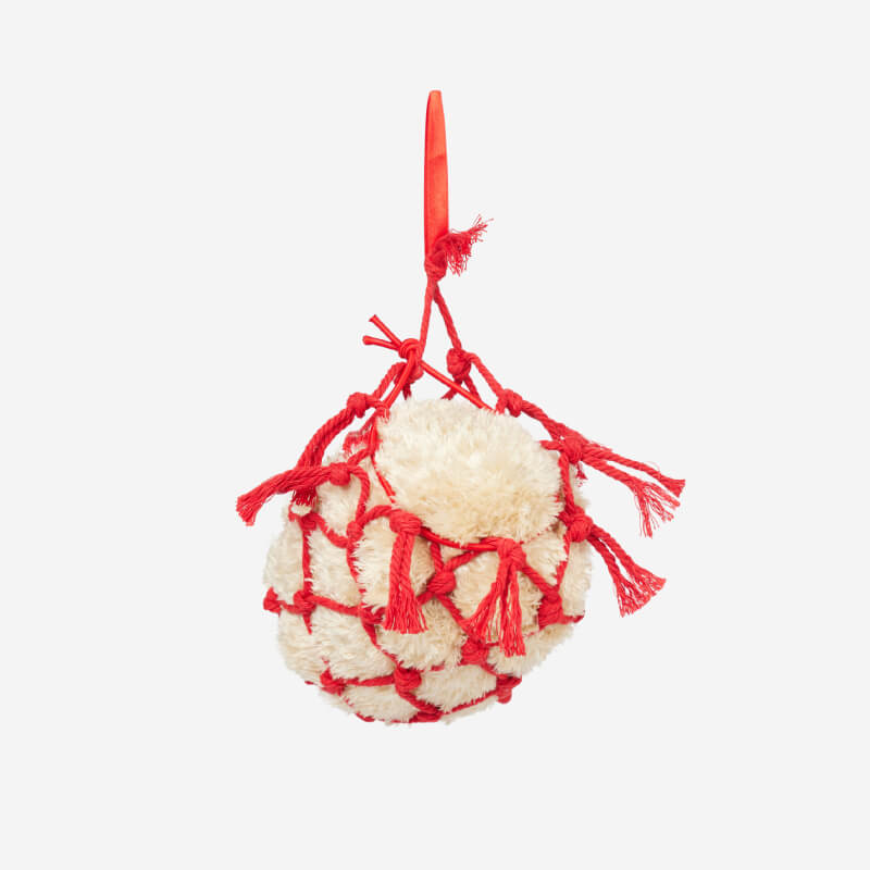 LeMieux Toy Pony Haynet Ember in red with cream ball and hanging loop, on white background.