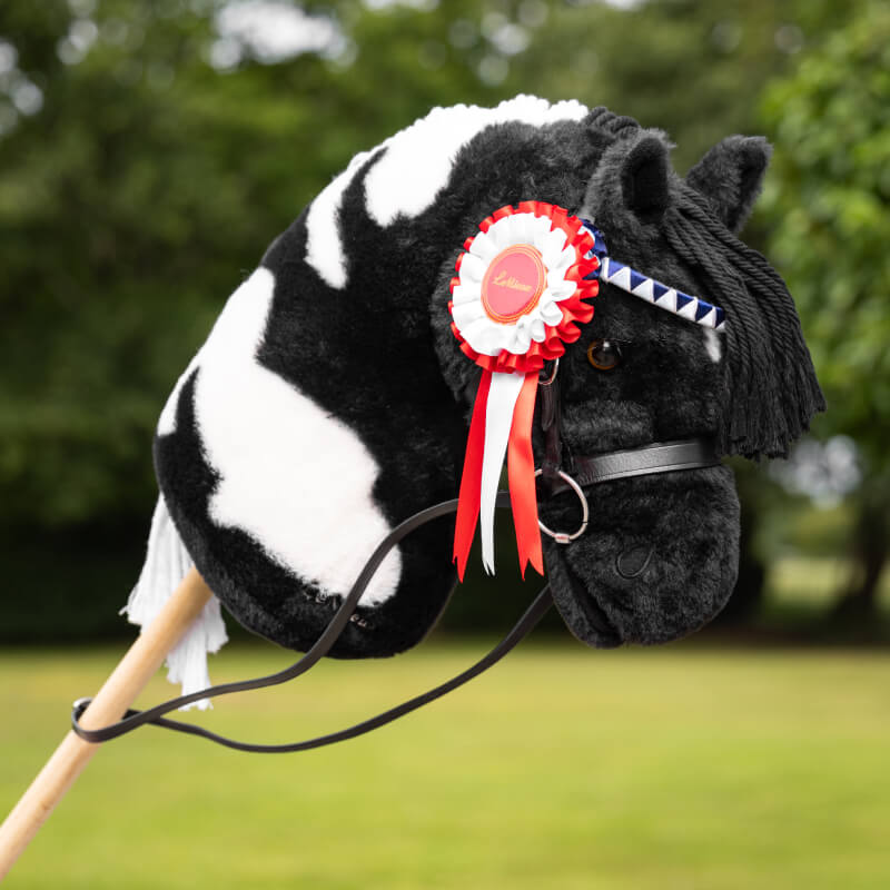 A black and white hobby horse with LeMieux Rosette Pack Multi on its bridle, outdoors on grass.