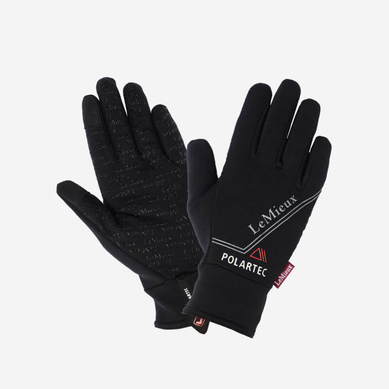 LeMieux Polartec Gloves Black 2.0, one palm up and one palm down.
