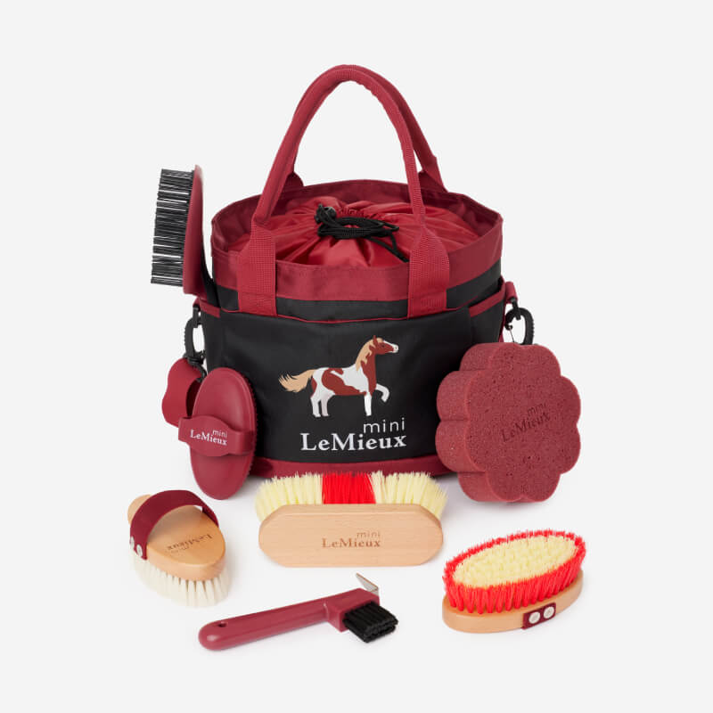 LeMieux Mini Grooming Set Red has brushes, sponge, hoof pick, and carry bag for ponies.