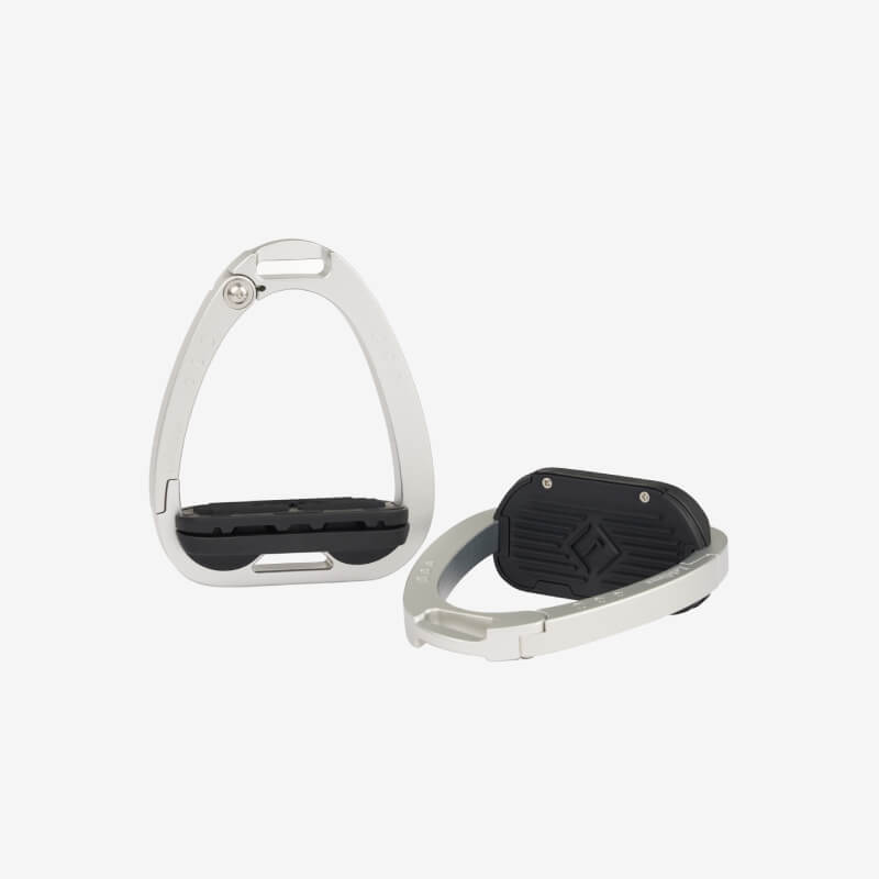 Two LeMieux Junior Vector Balance Aluminium stirrups, one upright, one on its side.