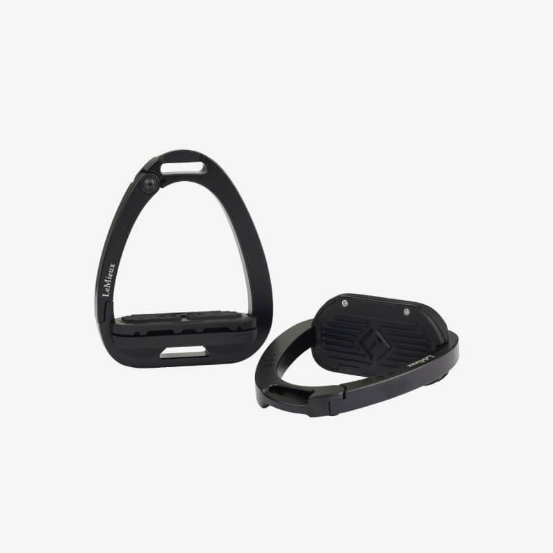 Two Lemieux Junior Vector Balance Stirrups in black, one upright, one on its side.