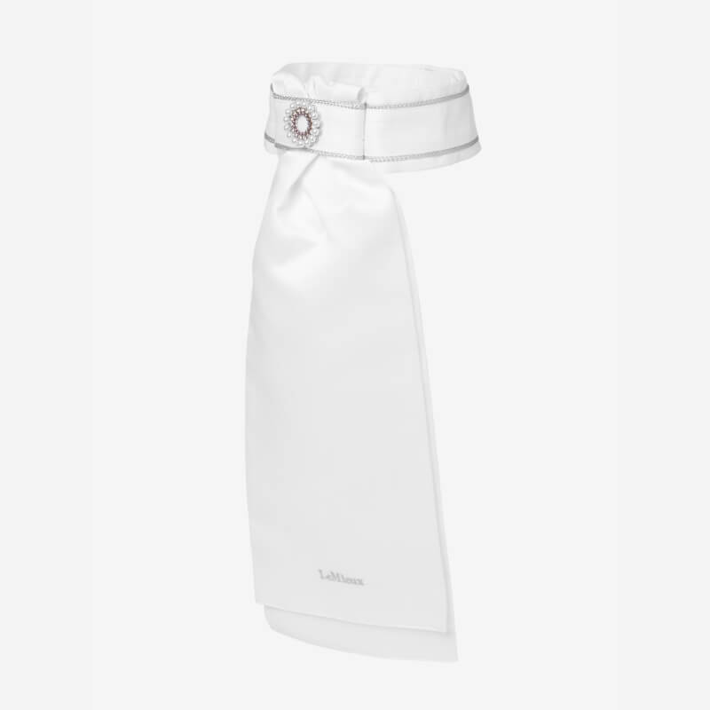 LeMieux Sparkle Stock White—stylish neckband with brooch, ideal for elegant equestrian looks.
