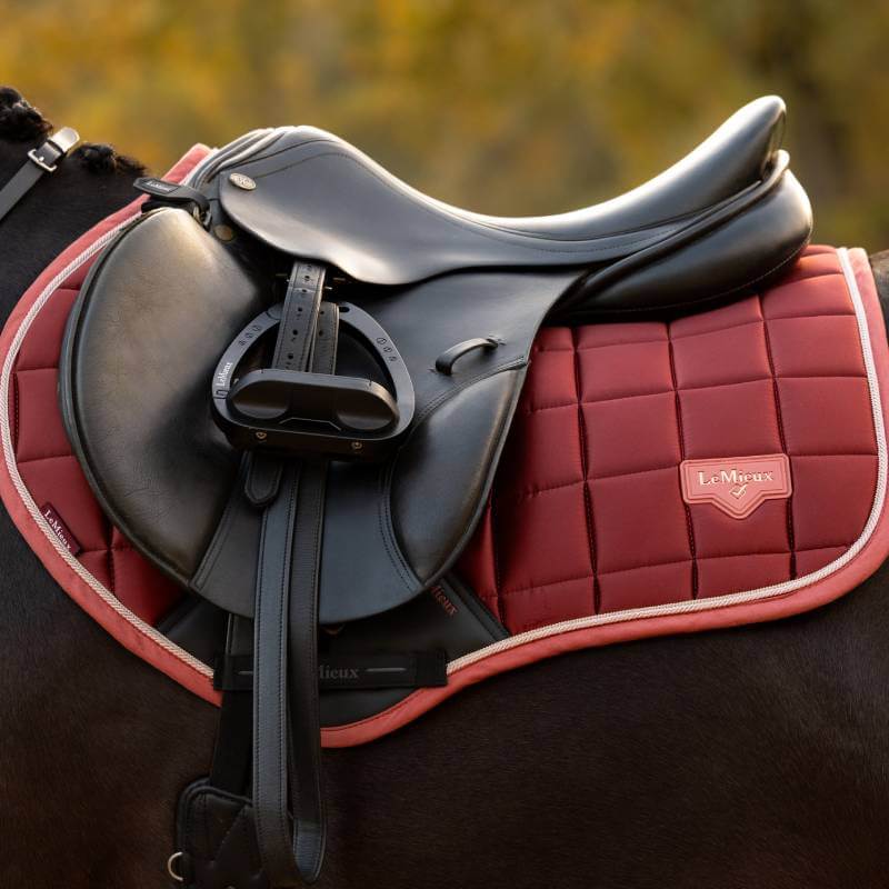 Black saddle on a LeMieux Loire Classic Close Contact Square Russet, horse outdoors, side view.