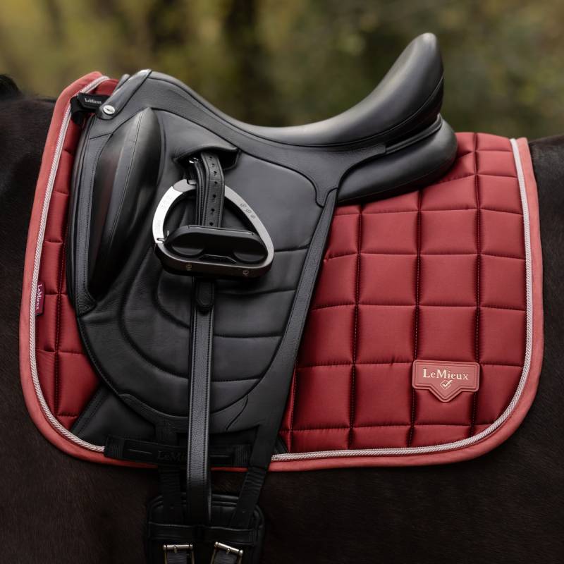 Black saddle on a LeMieux Loire Classic Dressage Square Russet, horse outside.