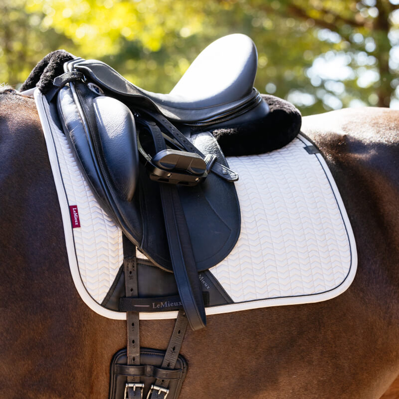 LeMieux Essence Dressage Square Stone pad and black saddle on a brown horse outdoors.