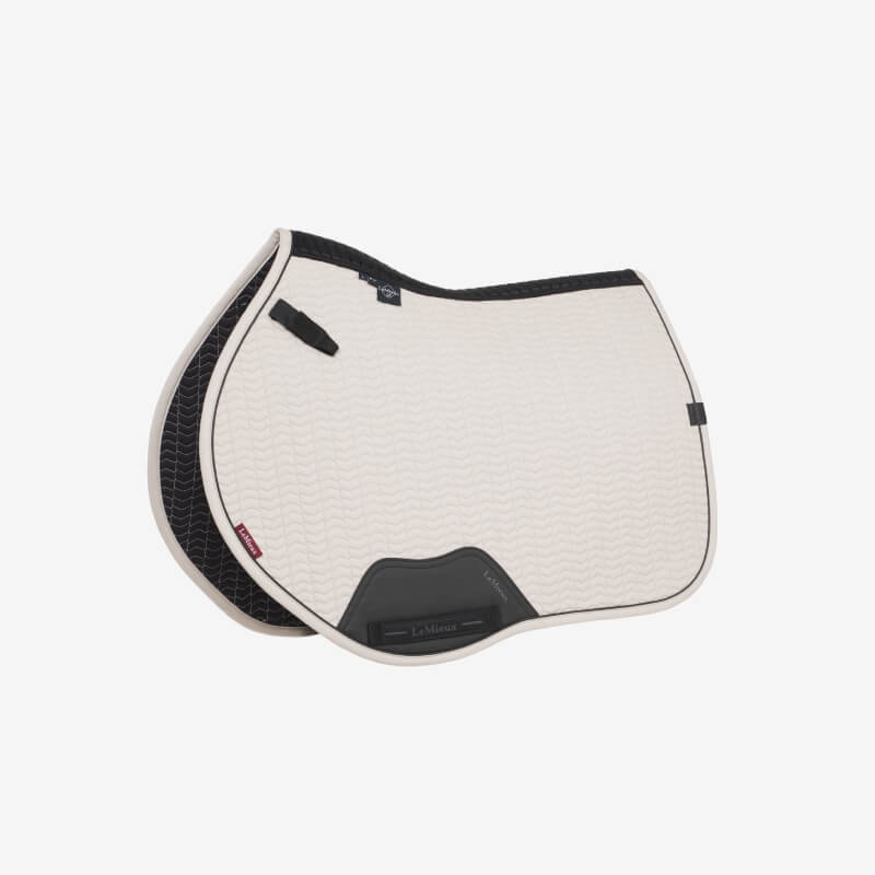 LeMieux Essence Eurojump Square Stone saddle pad in white/black with 3D mesh, side view.