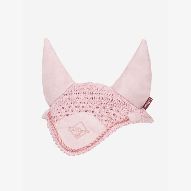 LeMieux Hobby Horse Fly Hood Blossom in light pink with suede ears and a small logo.