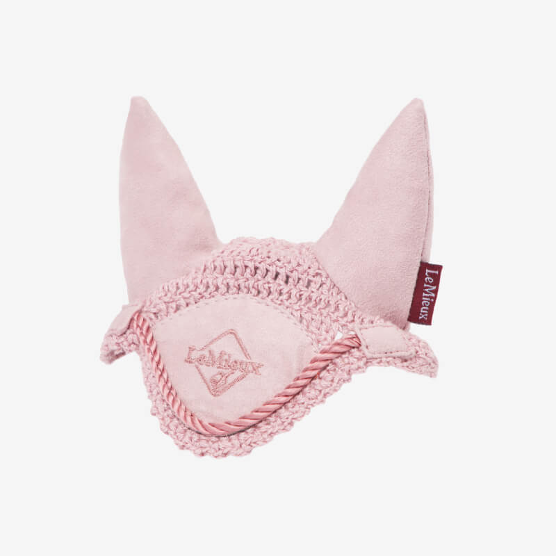 LeMieux Toy Pony Fly Hood Blossom in light pink with two tall ears and a signature logo tag.