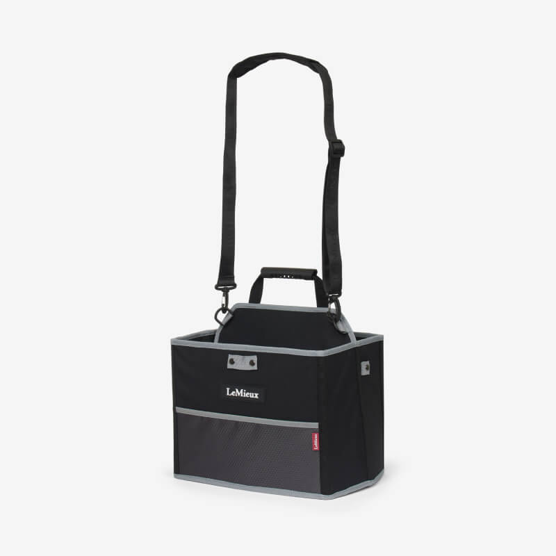 LeMieux Collapsible Storage Tote Black with shoulder strap, handle, and front pocket.