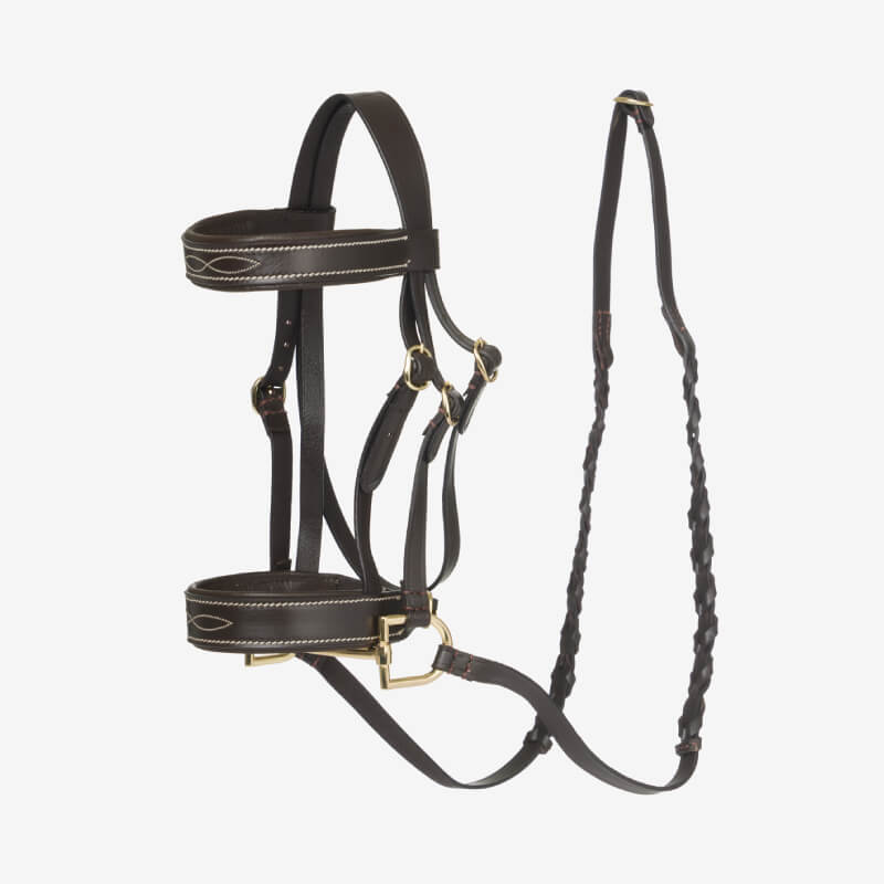 LeMieux Hobby Horse Hunter Bridle Brown with white stitching and brass hardware.