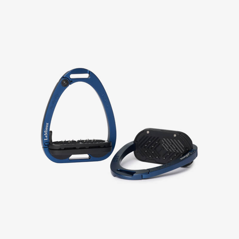 LeMieux Vector Balance Stirrup Navy One Size with ergonomic footplate on a white background.