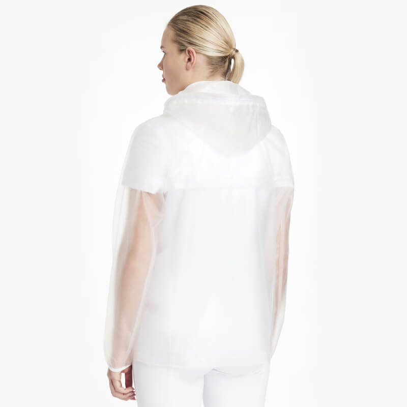 Person in LeMieux Competition Waterproof Jacket Clear with hood, facing away, on white background.