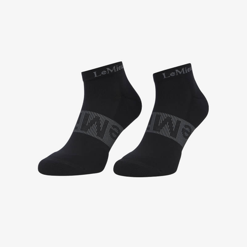 LeMieux Trainer Sock Black 3pk with cushioned toe and logo on cuffs, shown on white.
