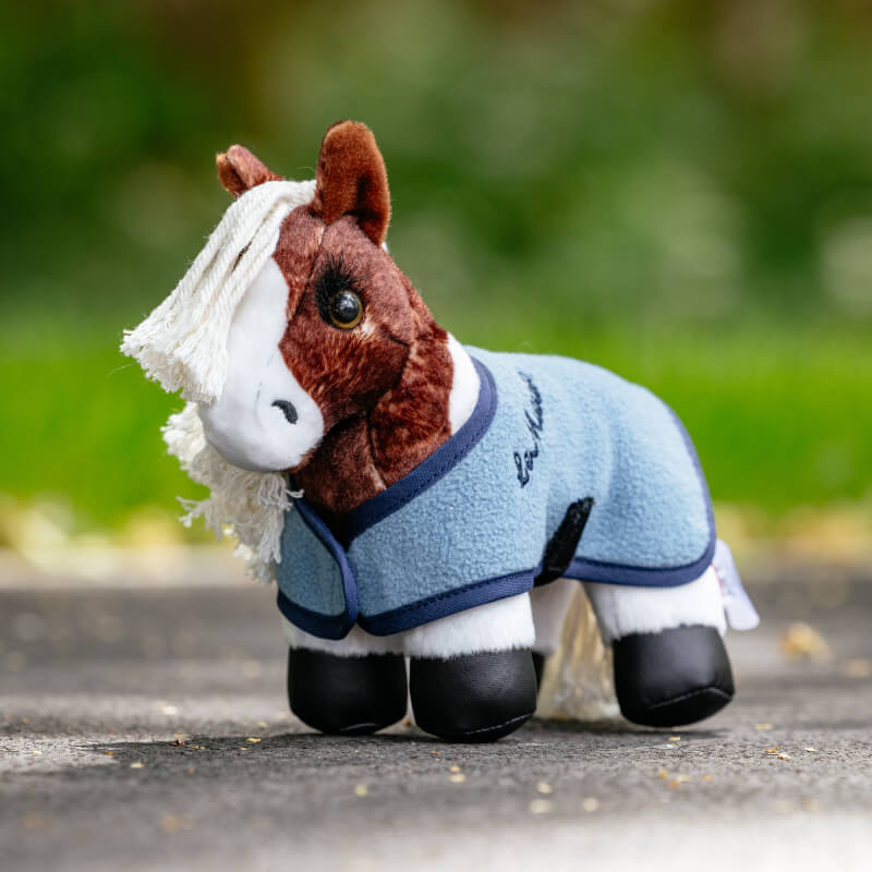 LeMieux Tiny Pony Flash plush toy in blue jacket stands on a path with grass in the background.