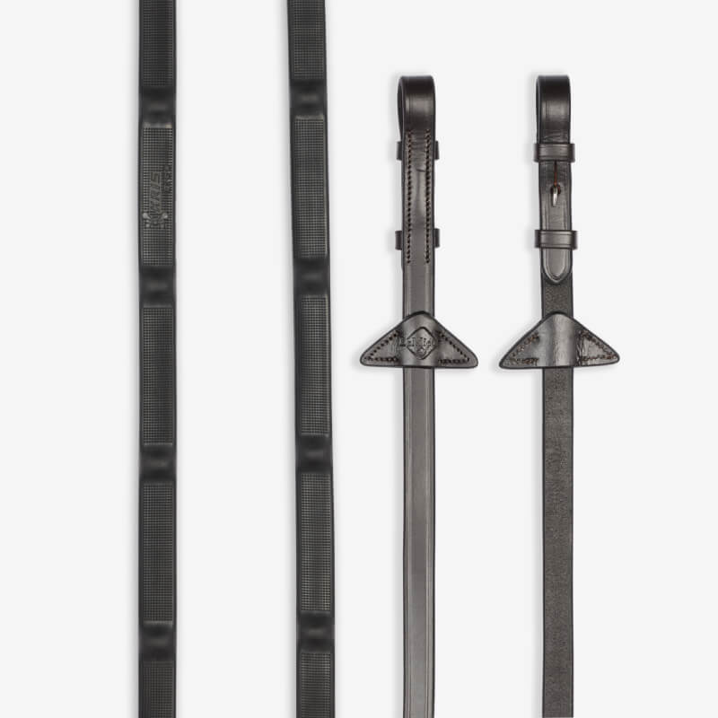 Two sets of LeMieux Ergo Grip Rubber Reins, brown, with textured grips and billet attachments.