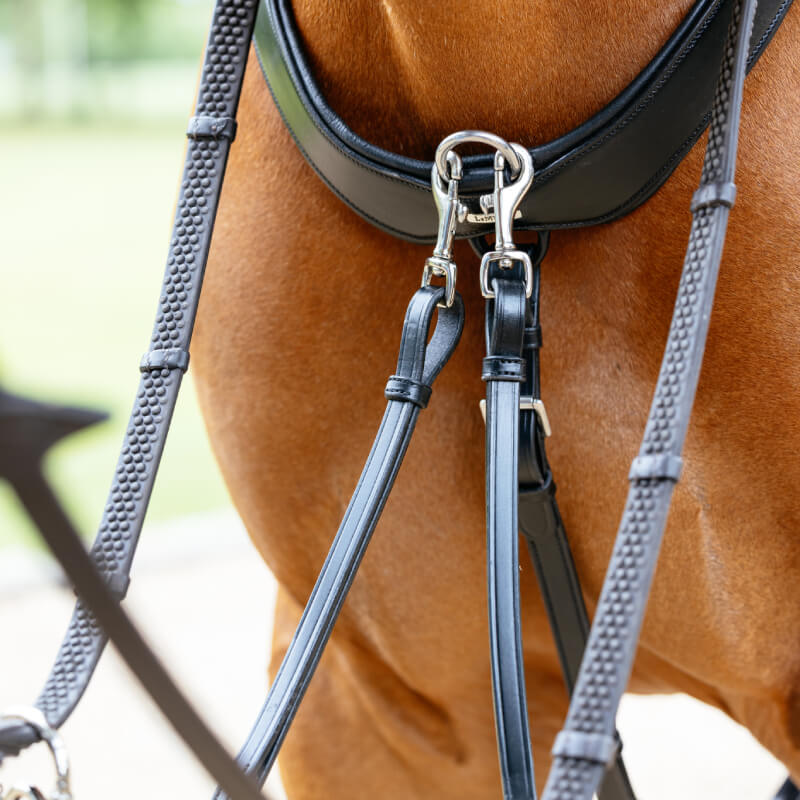 Close-up of a horse wearing the LeMieux Kudos Bridge Breastplate Black by LeMieux.