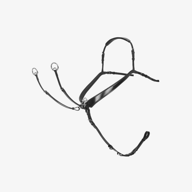 LeMieux Kudos Bridge Breastplate Black, oiled leather with metal rings, isolated on white.