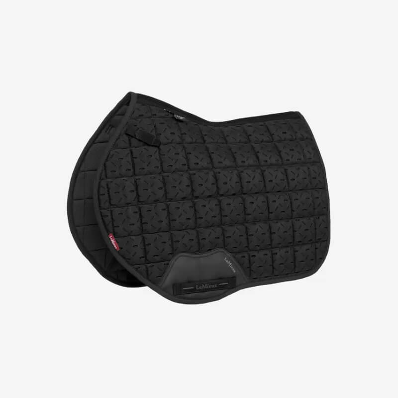LeMieux 3D Mesh Self-Cool Eurojump Square Black saddle pad with a geometric quilted pattern.