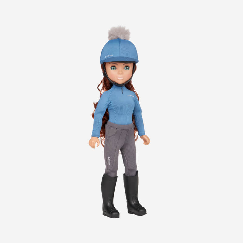 LeMieux Toy Rider Olivia doll wears a blue helmet, jacket, gray pants, and black boots.