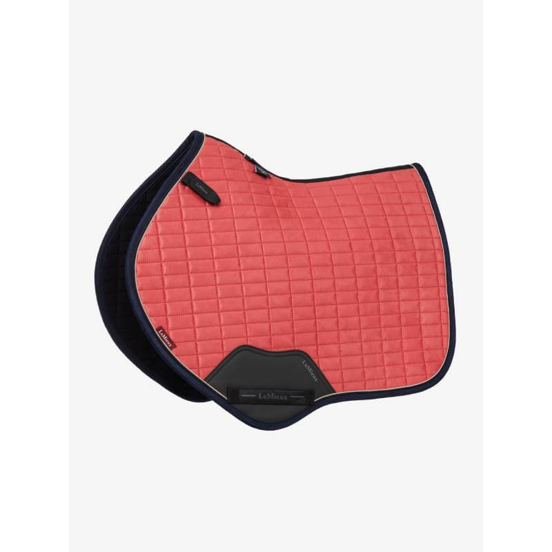 LeMieux Suede Close Contact Square saddle pad in cranberry with black trim.