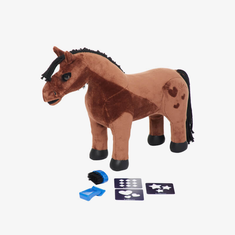 LeMieux Toy Pony Gracie with brush, blue comb, and stencils for creative grooming fun.