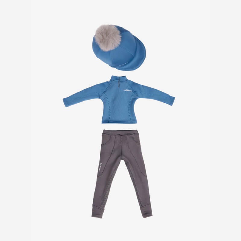 LeMieux Toy Rider Outfit Ice Blue: blue jacket, gray pants, blue hat with gray pompom.