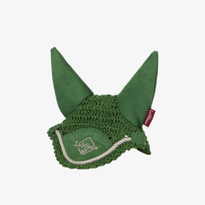 LeMieux Toy Pony Fly Hood Hunter Green with pointed ears and label on white background.