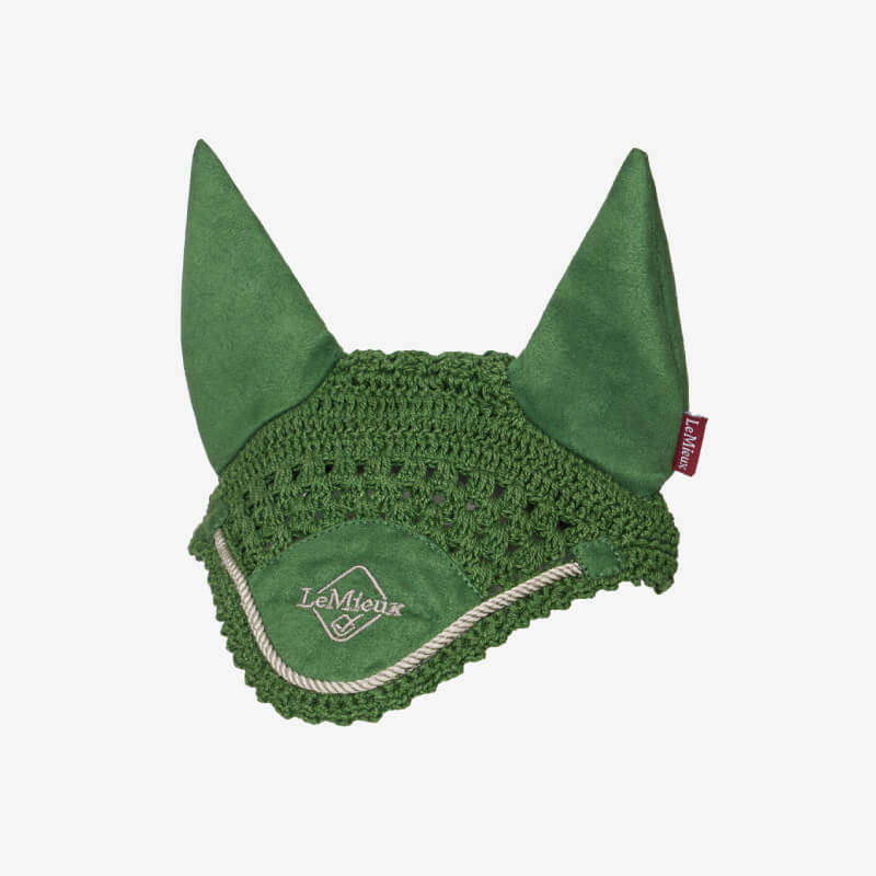 LeMieux Hobby Horse Fly Hood Hunter Green with pointed ears and front logo.