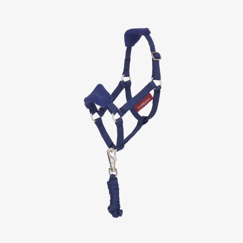 LeMieux Hobby Horse Vogue Headcollar Ink Blue with lead rope, shown on a white background.