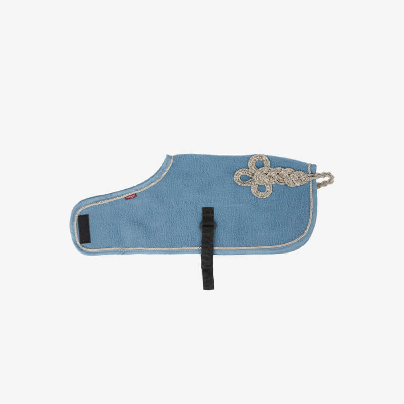 LeMieux Toy Pony Rug Ice Blue with white trim, decorative knot &amp; black strap.