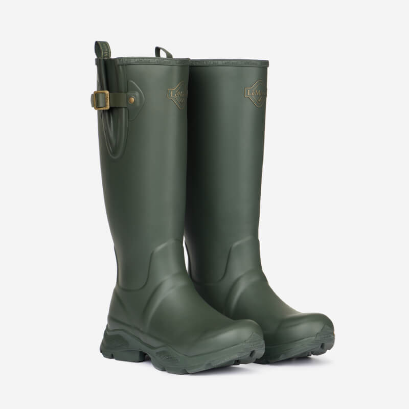 LeMieux Ultra Stride Wellington Boots Oak—tall, green wellies with side buckles.