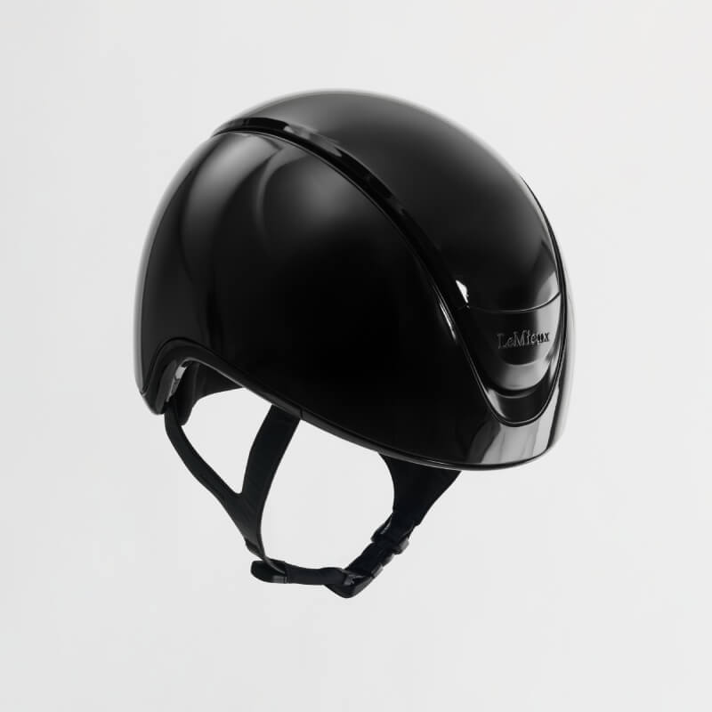 LeMieux Verv® Competition Helmet Gloss Black with chin strap on a white background.