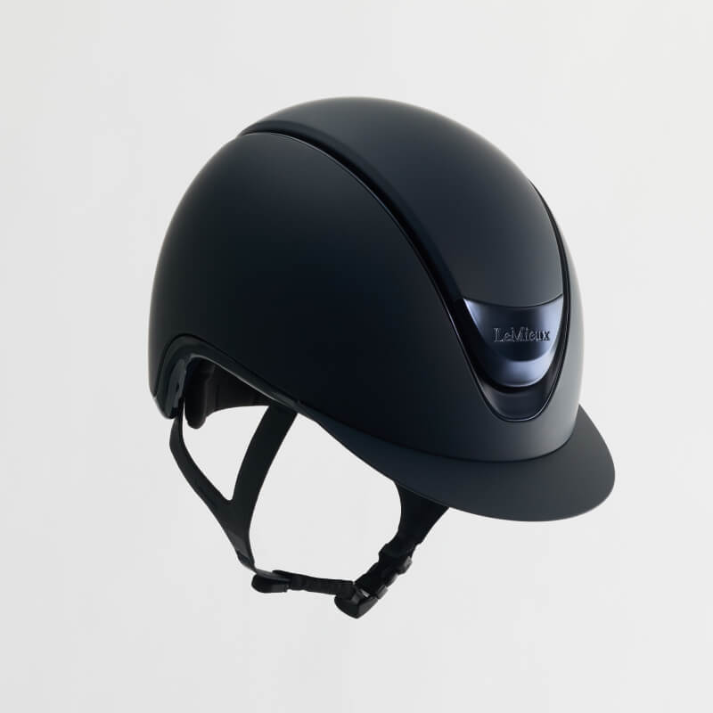LeMieux Verv® Matte Navy helmet with chin strap, logo, and adjustable fit for rider safety.
