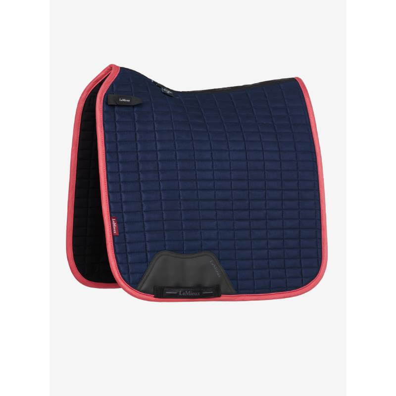 LeMieux Suede Dressage Square Navy/Cranberry: premium saddle pad with red trim.