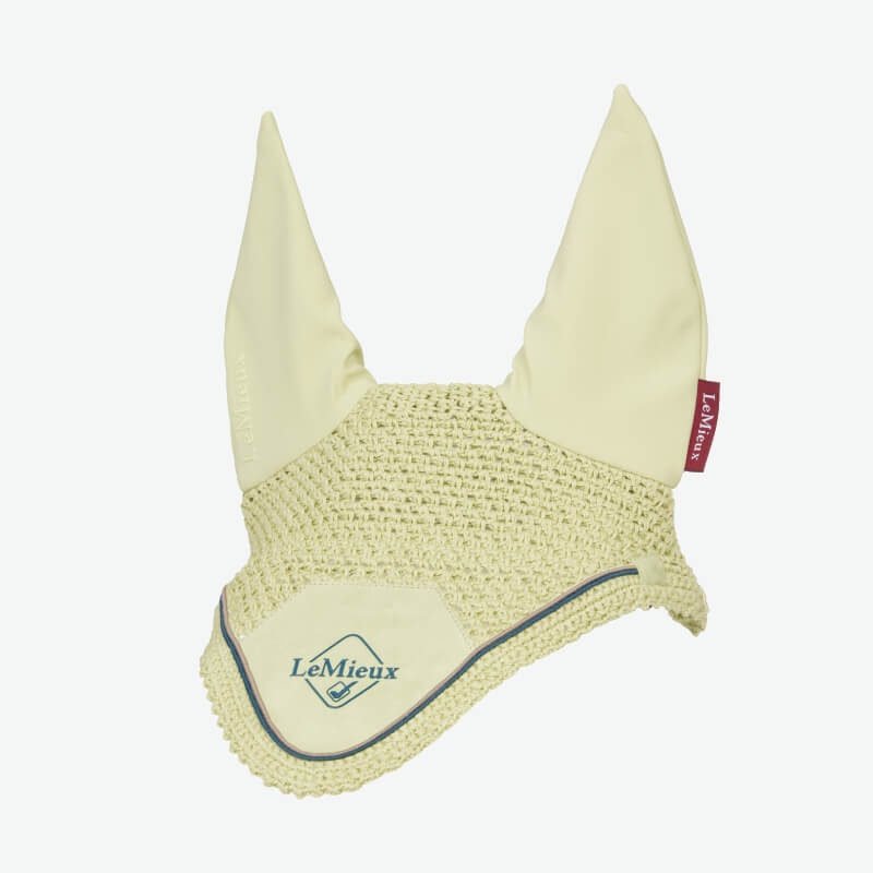 LeMieux Classic Fly Hood Macaron: cream crochet with long ears for noise reduction.