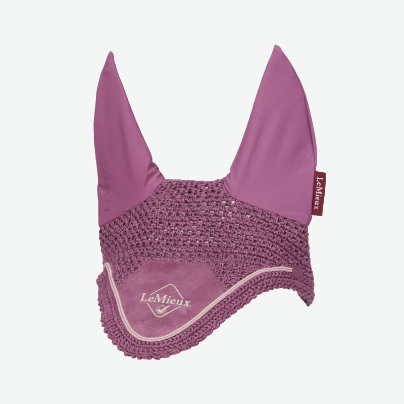 LeMieux Classic Fly Hood Mallow: equestrian ear bonnet with fabric ears and front logo.