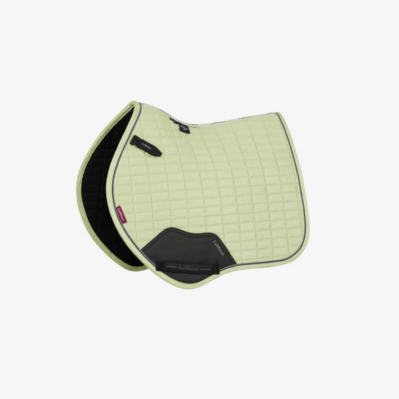 Light yellow LeMieux Mini Suede Close Contact Square Macaron with black accents, on white.
