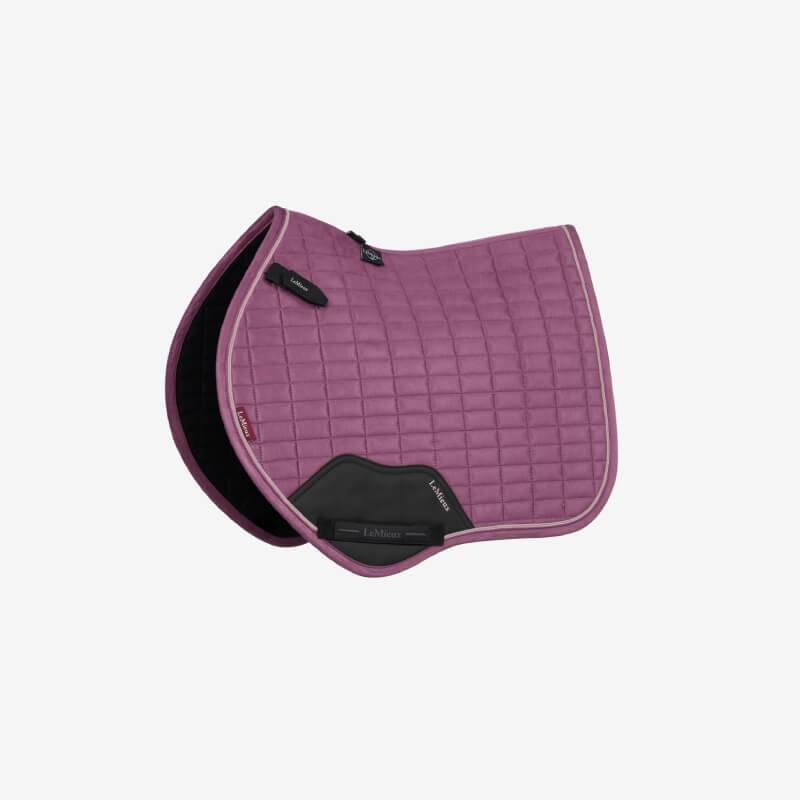 LeMieux Mini Suede Close Contact Square Mallow in purple with black and pink accents.