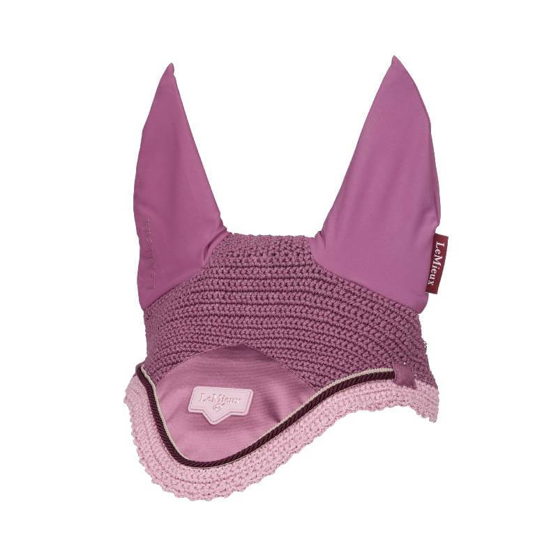 LeMieux Loire Fly Hood Mallow in pink with tall ears &amp; front logo for horse ear protection.
