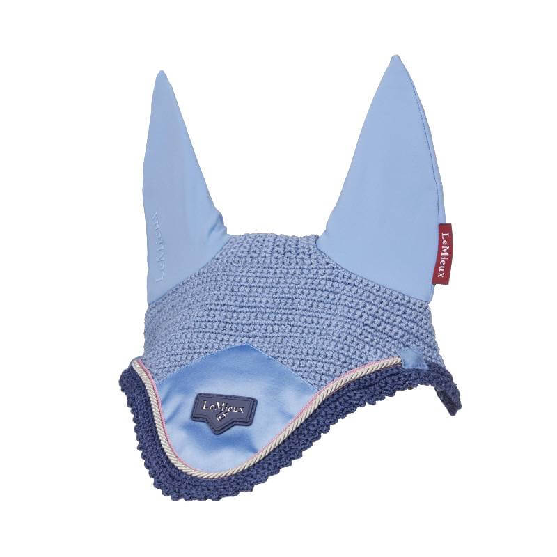 LeMieux Loire Fly Hood Powder Blue with signature tags and two pointed ears.