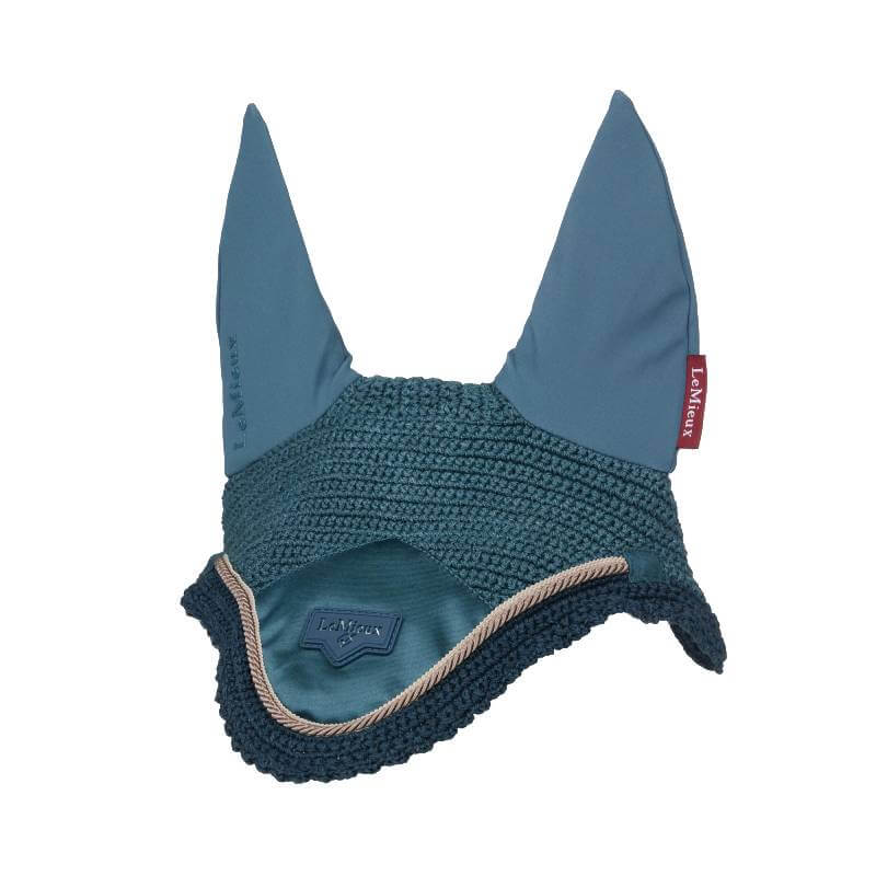 LeMieux Loire Fly Hood Jungle—blue/teal, pointed ear covers & trim for horses.