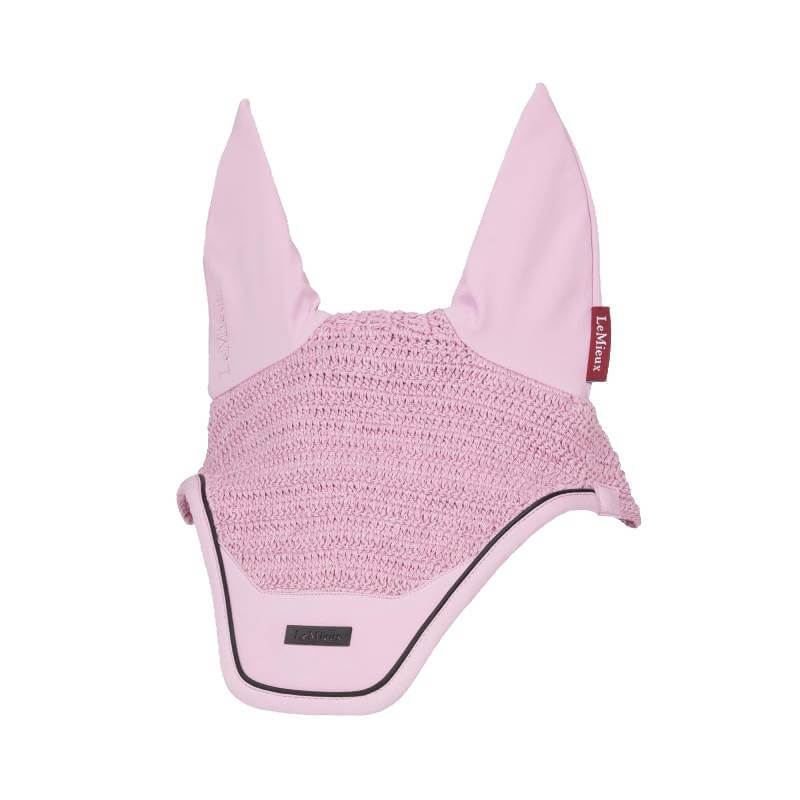 LeMieux Essence Fly Hood Fondant: light pink, pointed ears, red tag, horse ear protection.