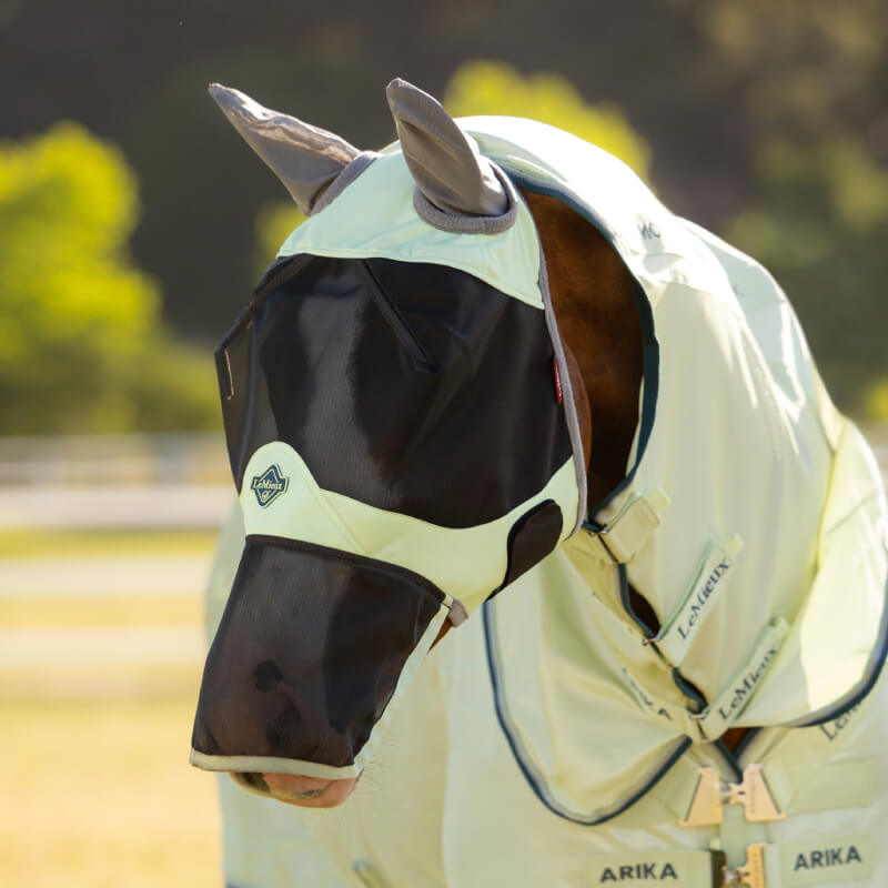 LeMieux Visor-Tek Full Fly Mask Macaron keeps your horse protected outdoors in sunny fields.