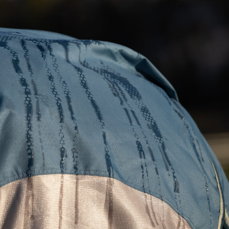 Close-up of water droplets on LeMieux Arika Camo Shower-Tek Fly Rug Jungle waterproof fabric.