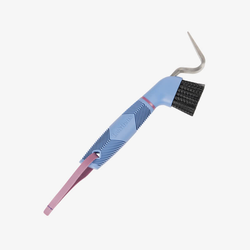LeMieux Heavy Duty Hoof Pick Powder Blue with metal hook and bristle brush on white background.