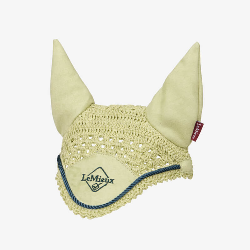 LeMieux Hobby Horse Fly Hood Macaron in light yellow with crochet detail and front logo.